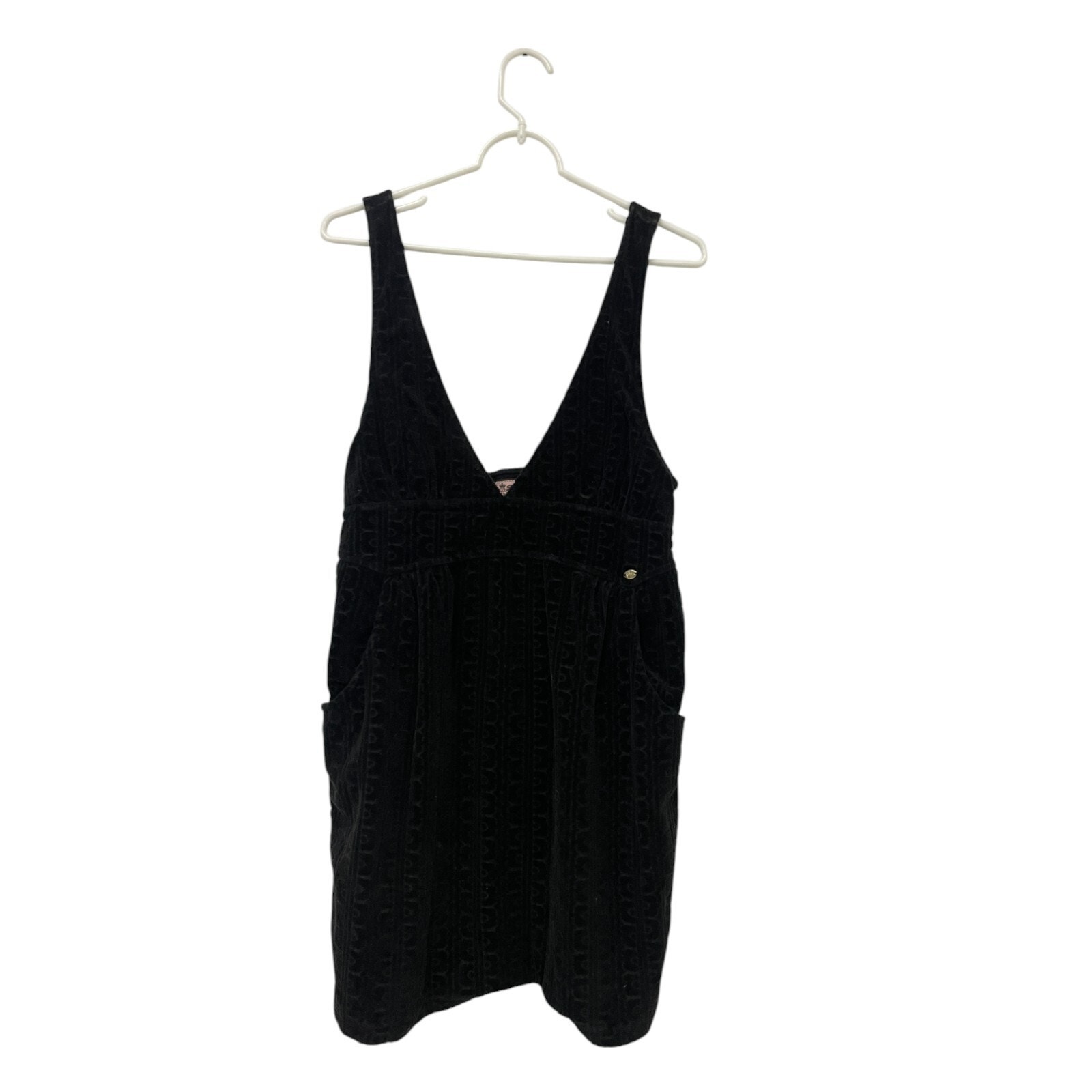 Juicy Couture Velour Overall Dress Womens Size M Black Sleeveless V Neck Pockets